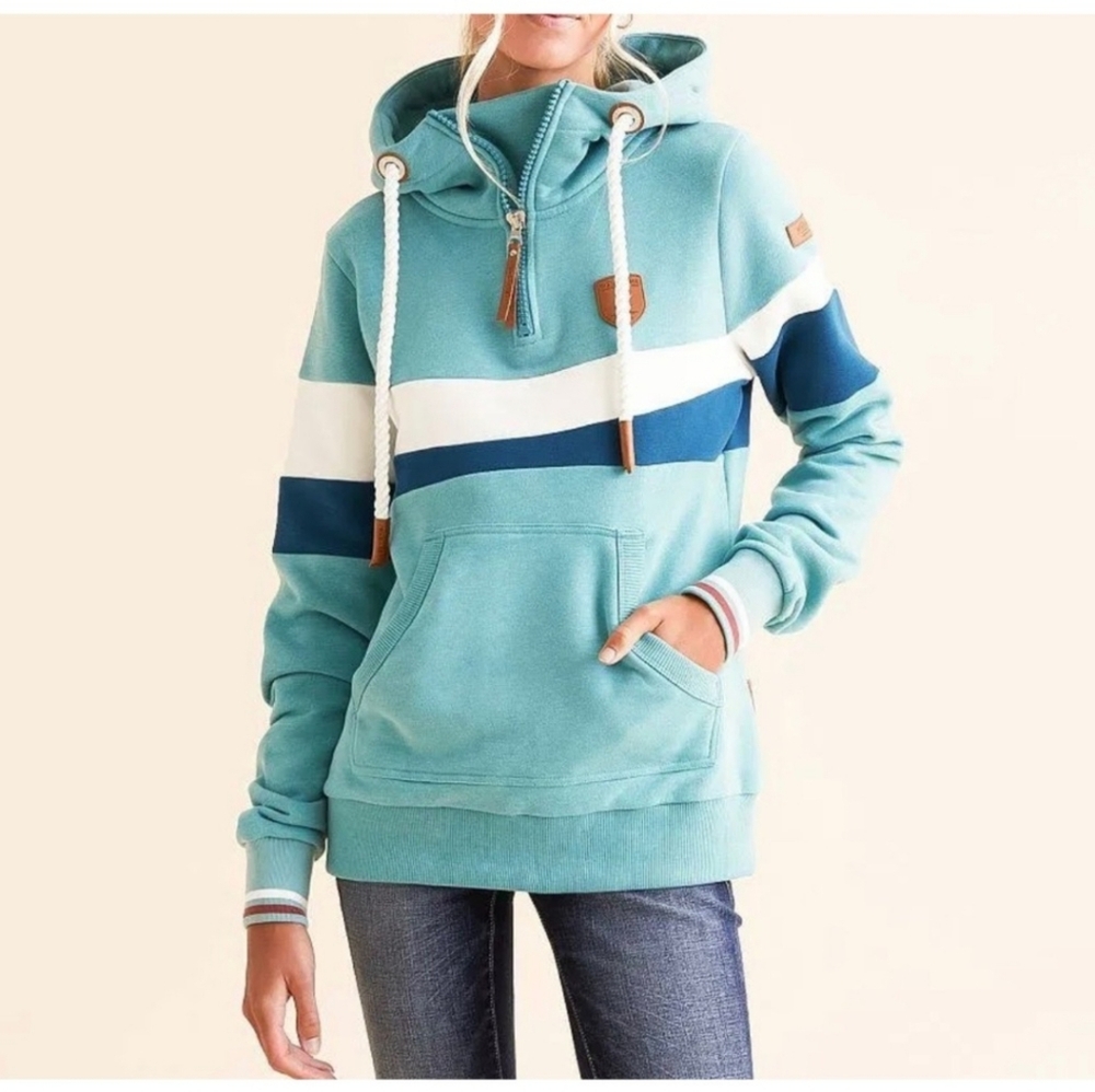 Wanakome Teal and Navy Striped Hoodie Sweater